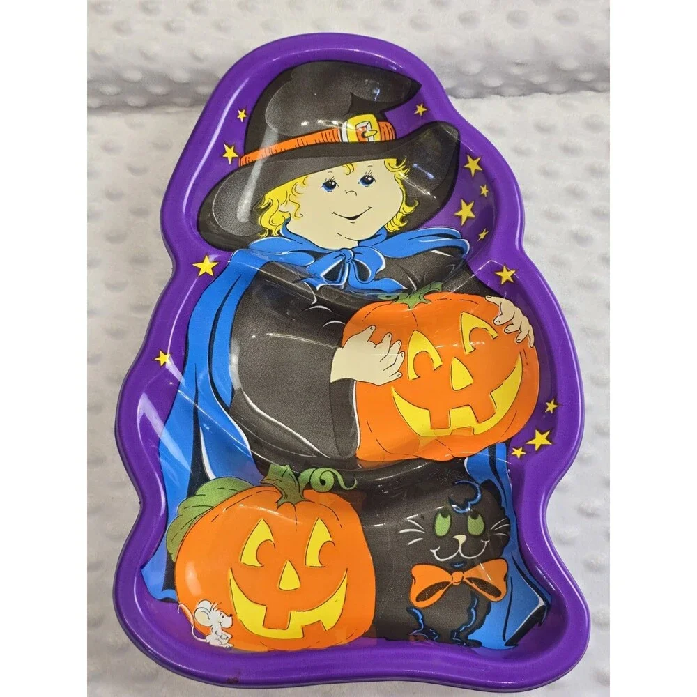 Vintage Halloween Serving Tray Berman Plastic Candy Treat Dish Witch Pumpkin Cat